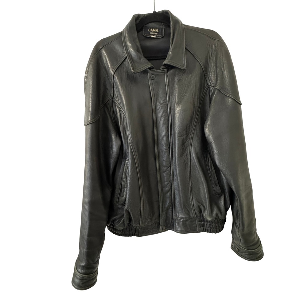 Vintage Distressed Black Leather Bomber Jacket Zip Front Raglan XL